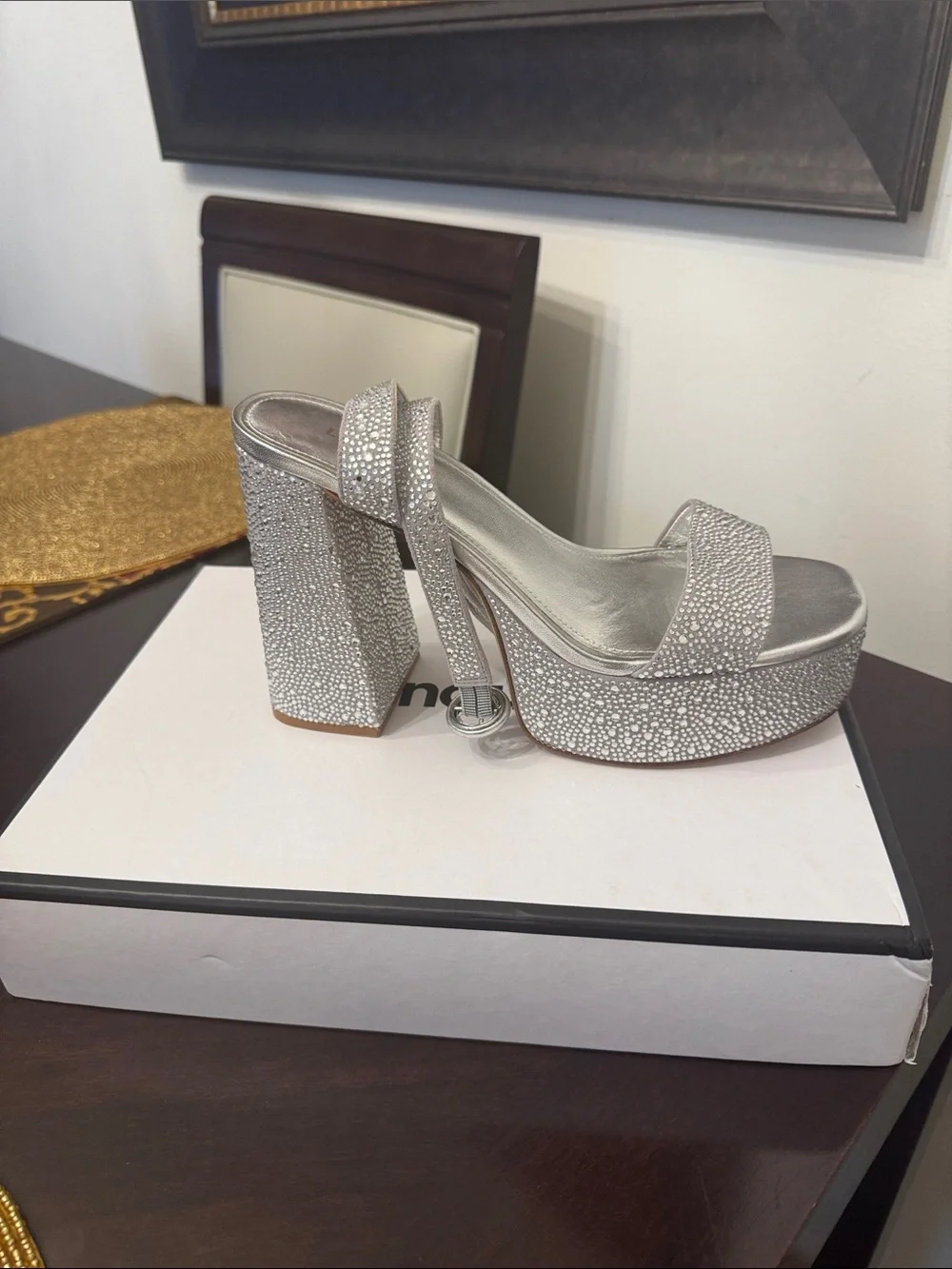 Larroude Silver Rhinestone Platform Block Heel Sandals